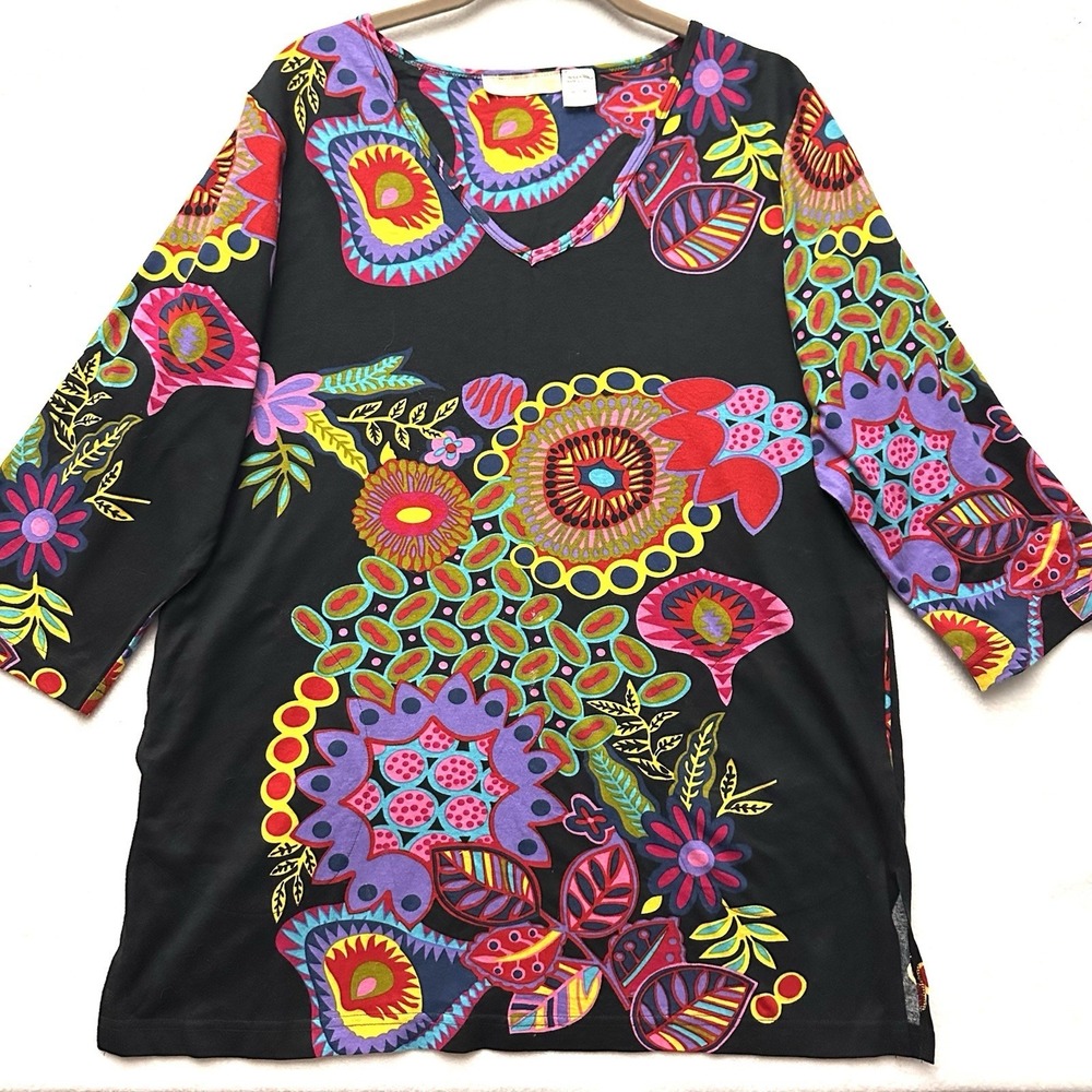 La Cera Top Medium M Colorful Floral Artsy Wearable Art Cotton‎ V-Neck Pockets